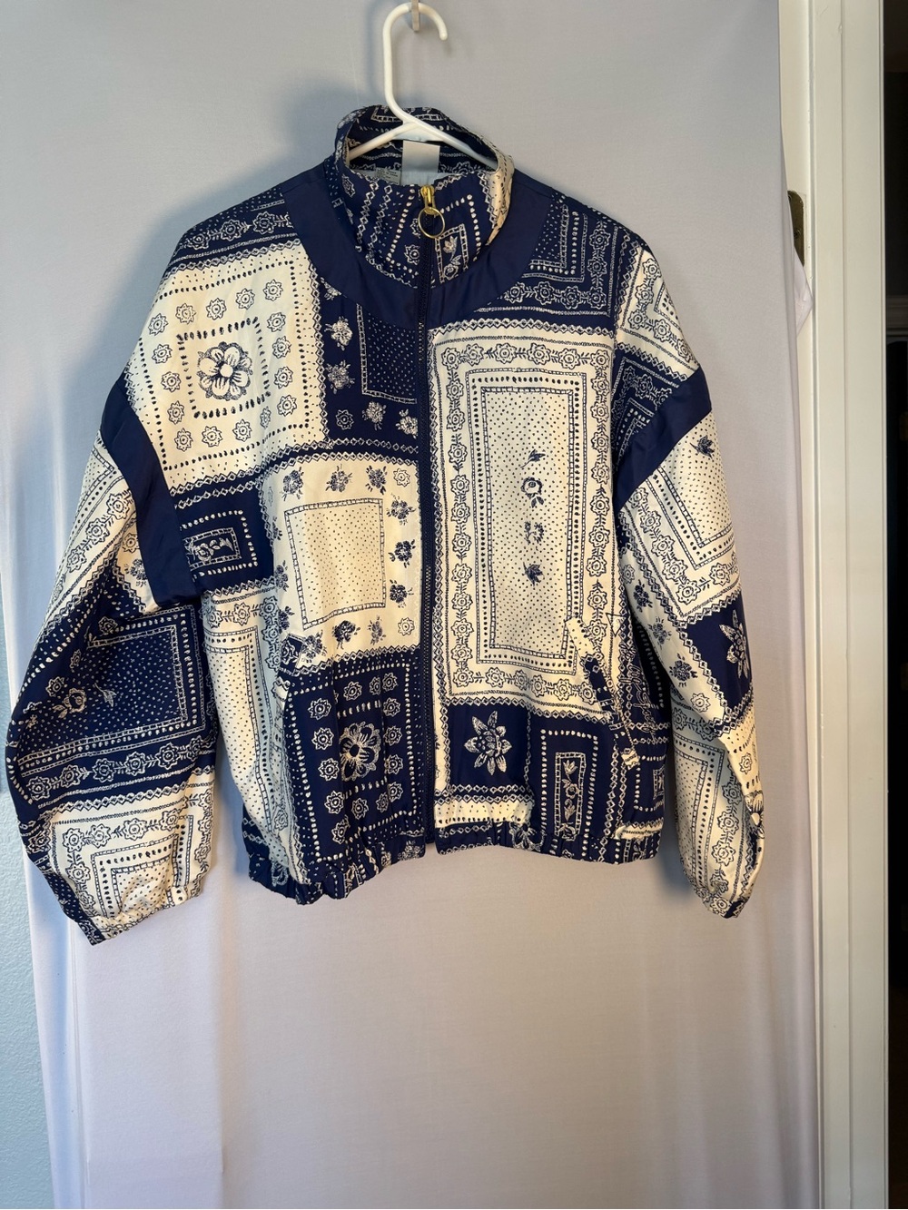Vintage Le Coq Sportif Navy & Cream Bandana Print Bomber Jacket